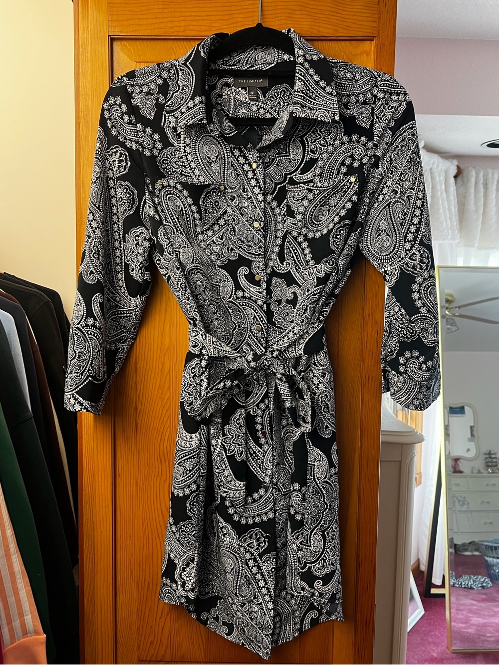 The Limited Black Paisley Button-Up Dress with Tie